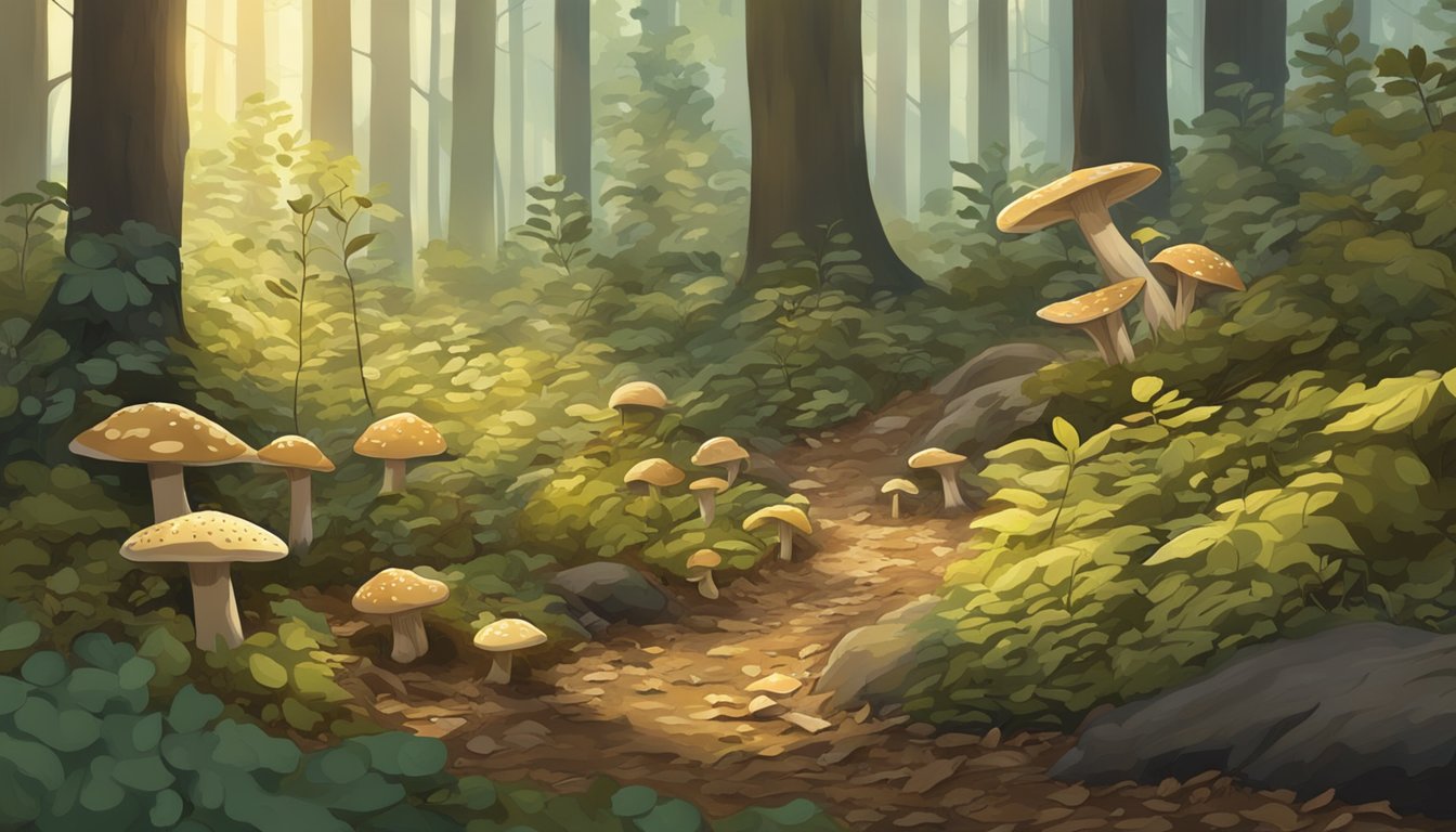 A forest floor with dappled sunlight, fallen leaves, and clusters of hedgehog mushrooms growing among the underbrush