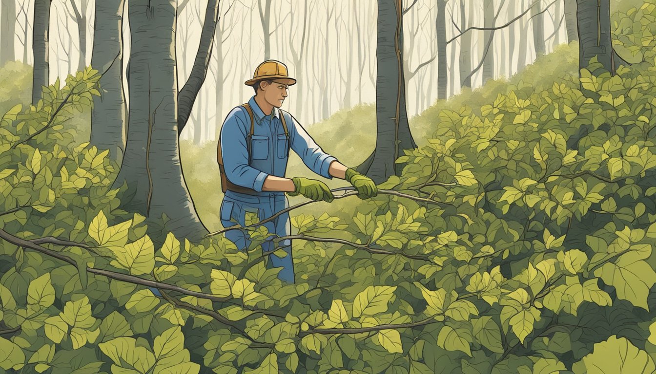 A figure gently pruning and collecting American hornbeam branches in a lush forest clearing