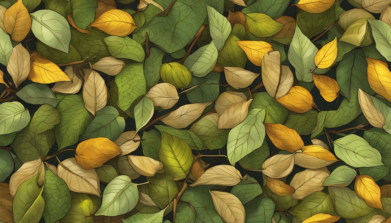 A forest floor with dappled sunlight, fallen leaves, and clusters of American hornbeam nuts