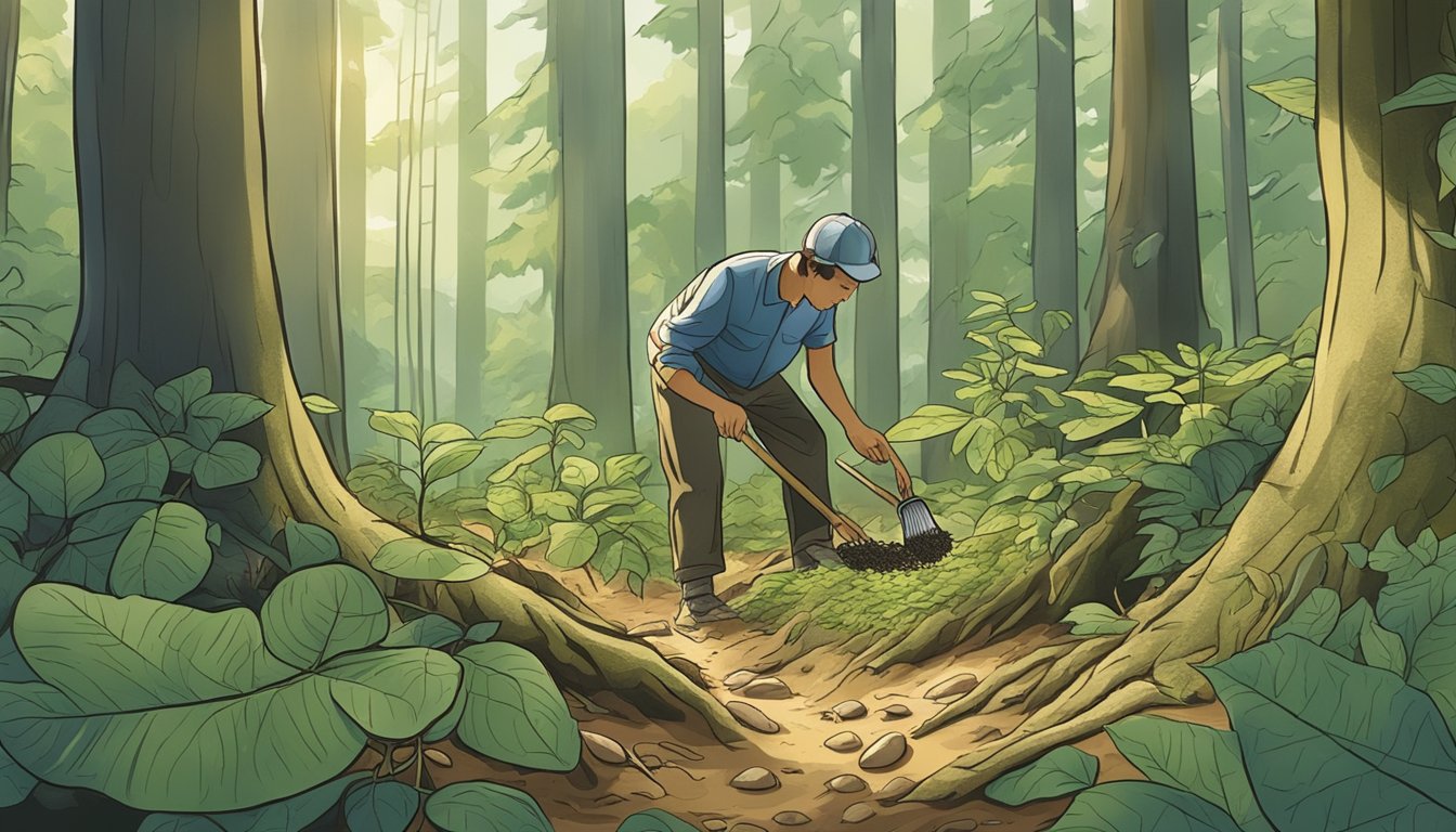 A forest floor with dappled sunlight, showing American ginseng plants being carefully harvested by hand using a small trowel