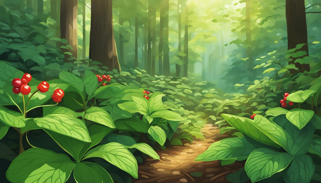 A lush forest floor with dappled sunlight, showcasing the vibrant green leaves and red berries of American ginseng plants