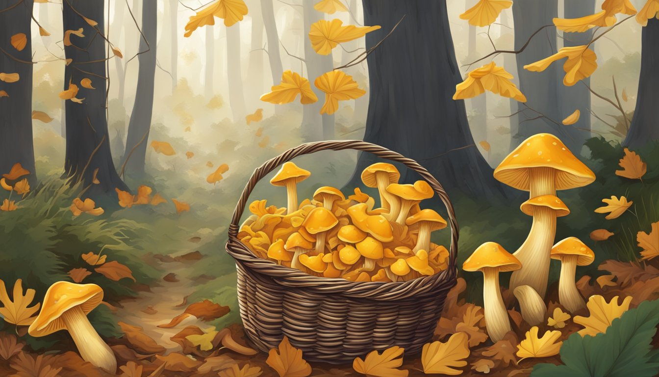 Yellowfoot chanterelles scattered in a forest clearing, surrounded by fallen leaves and twigs. A foraging basket sits nearby, filled with freshly harvested mushrooms