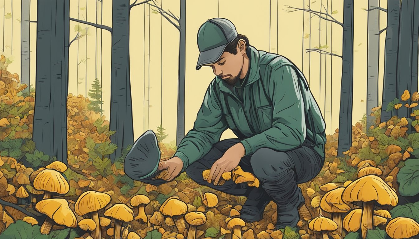 A person carefully harvesting yellowfoot chanterelles in a forest, following regulations and ethical practices