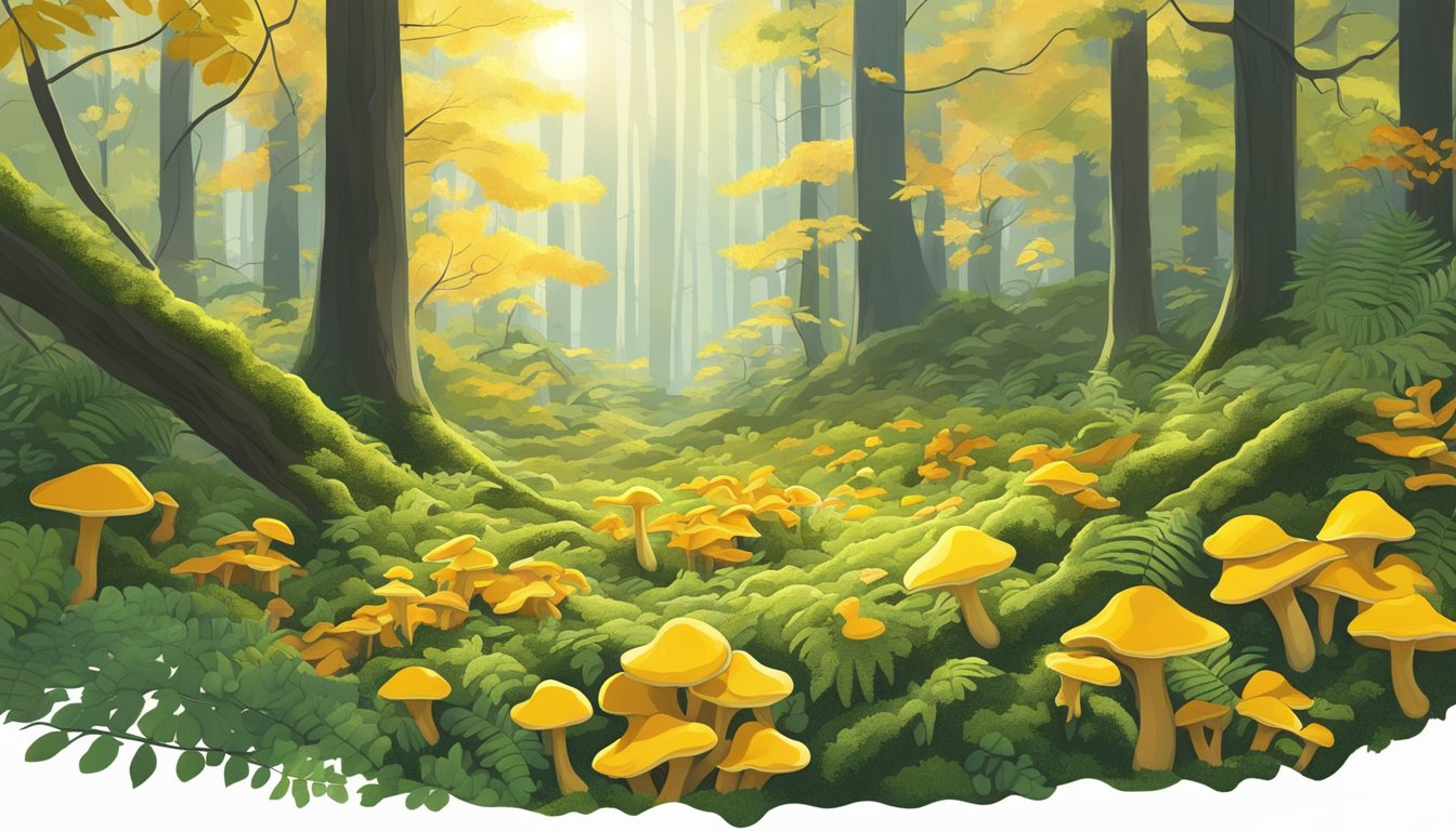 Sunlight filters through the dense forest canopy onto a bed of fallen leaves, where clusters of yellowfoot chanterelles grow among the moss and ferns