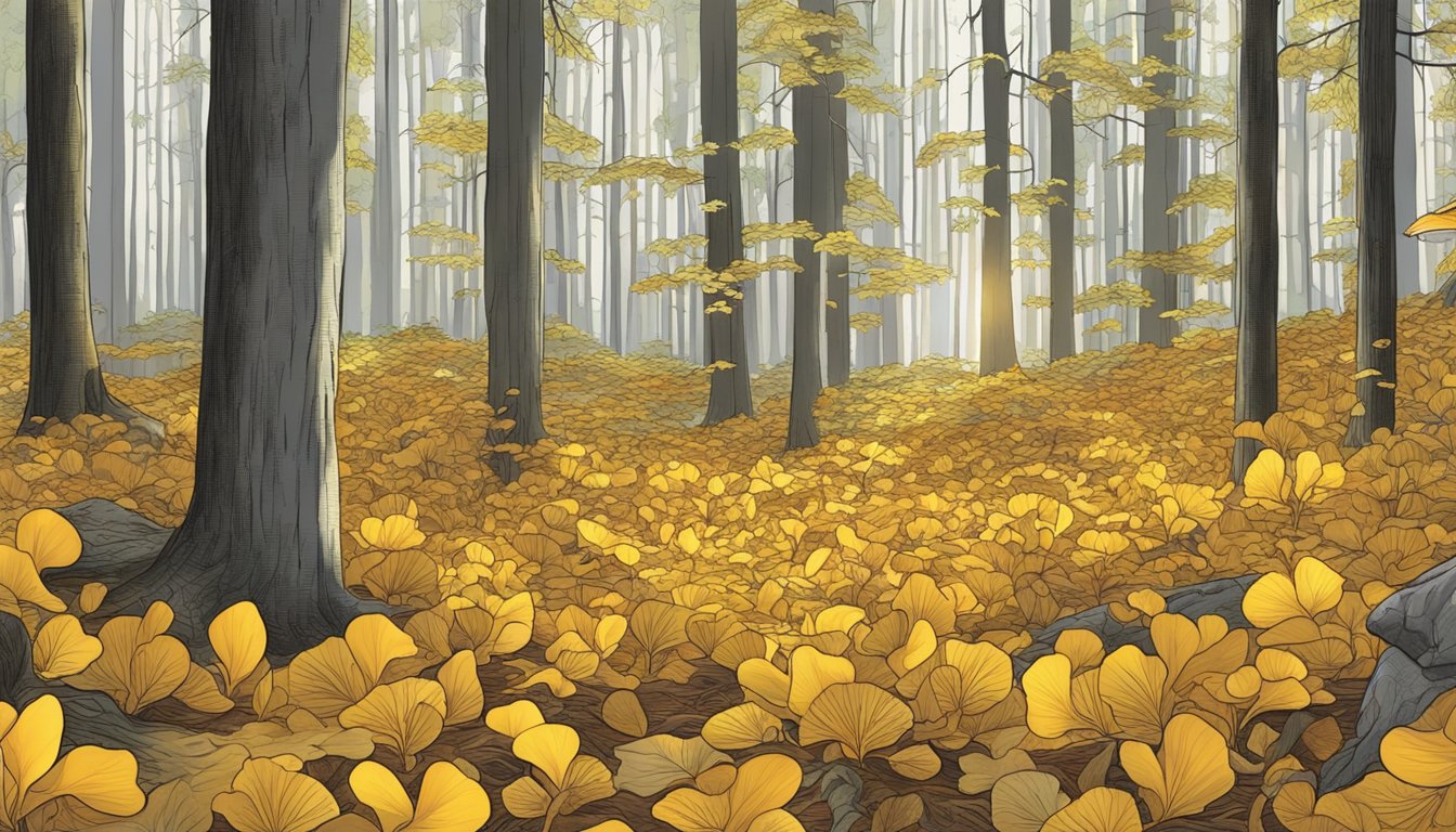 Sunlight filters through the forest canopy onto a bed of fallen leaves. Yellowfoot chanterelles peek out from the underbrush, ready for harvesting