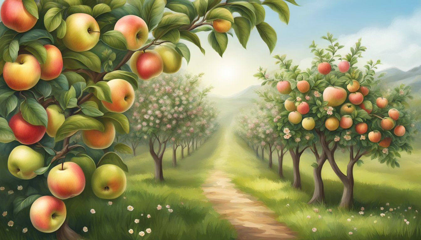 An apple tree with blossoms, growing apples, and ripe fruit ready for harvesting