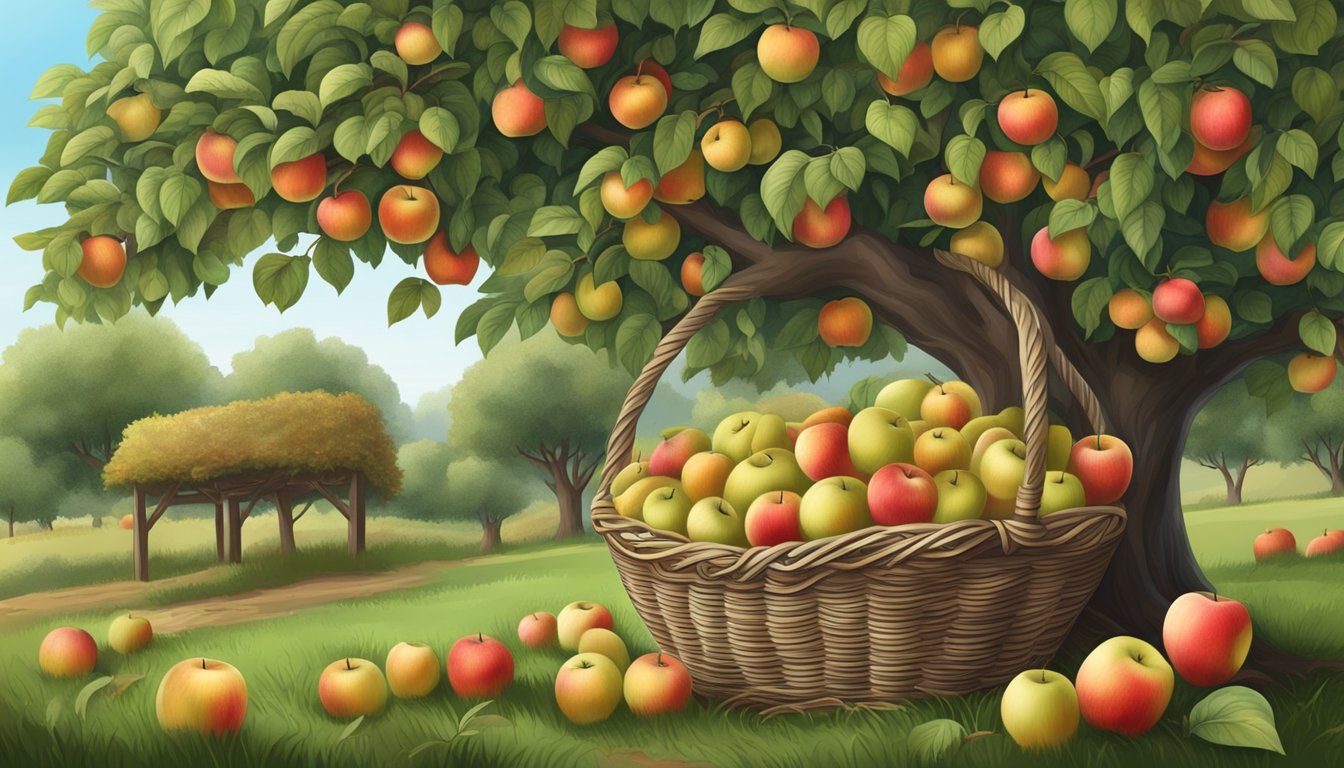 An apple tree laden with ripe fruit, surrounded by fallen apples and a basket for collecting