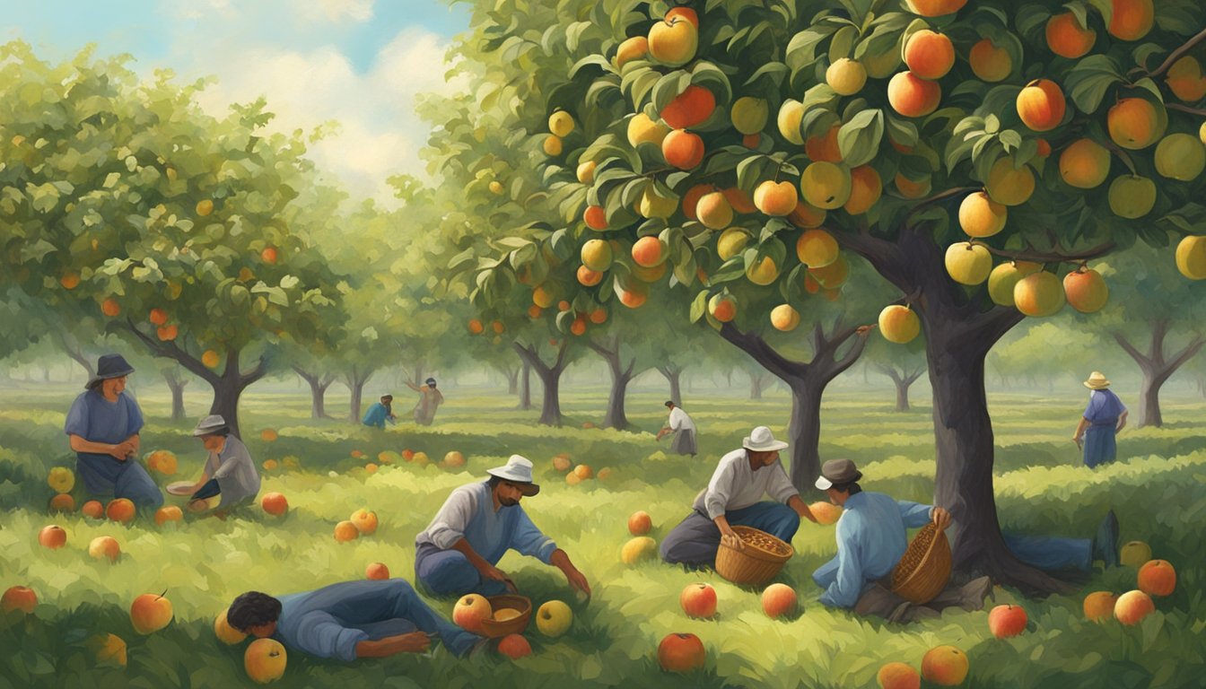 A figure prunes apple trees, while others gather and forage fallen fruit in a lush orchard