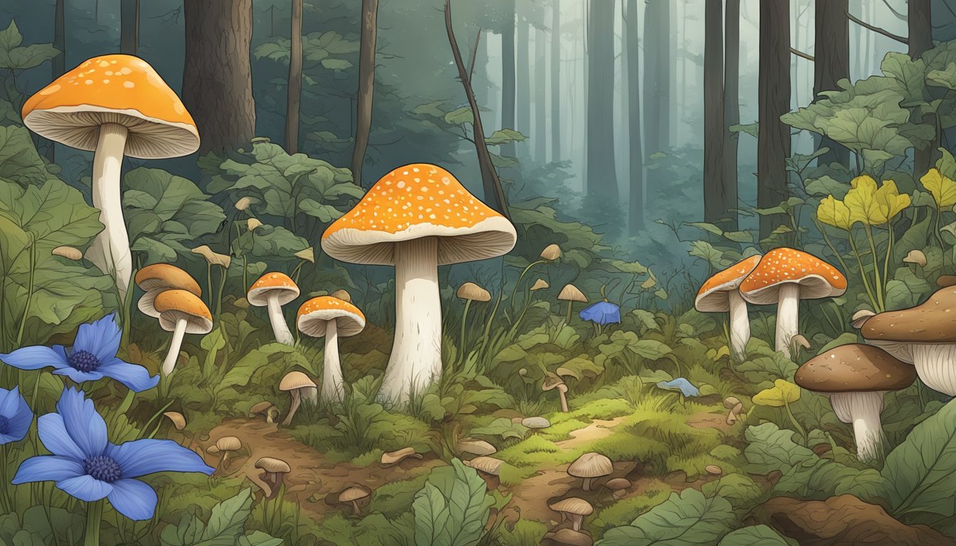 A forest floor with various mushroom species. A cornflower bolete is surrounded by toxic fungi, with a warning sign nearby