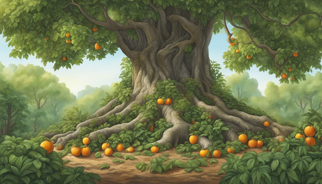 A lush forest floor with various plants and animals surrounding a mature American persimmon tree heavy with ripe fruit