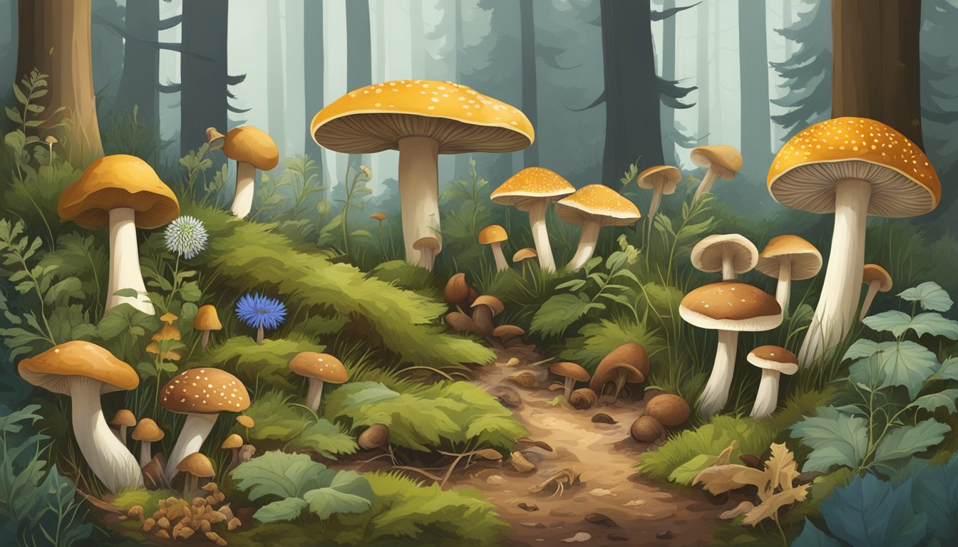 A forest floor with various types of mushrooms, including the cornflower bolete, being foraged and harvested by different creatures