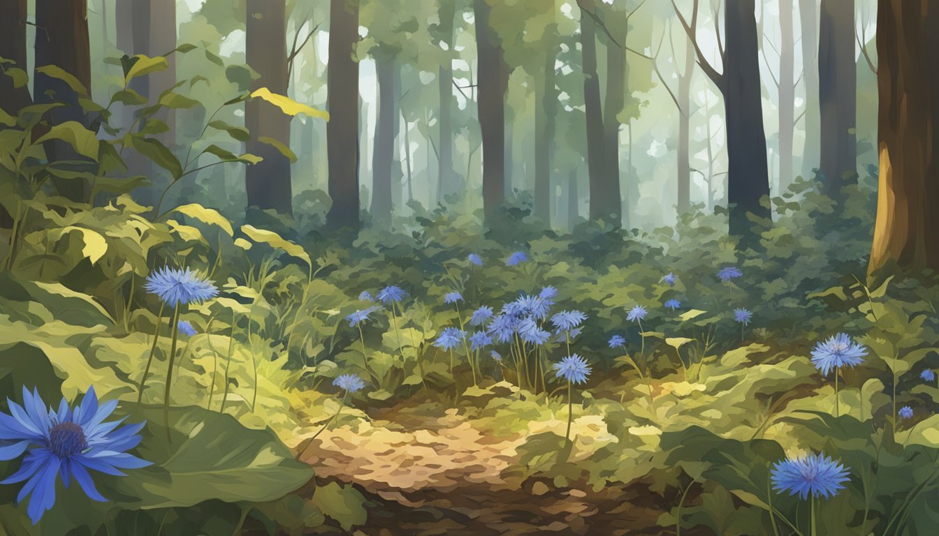 A dense forest floor with dappled sunlight, featuring a variety of trees and underbrush, with scattered patches of cornflower boletes growing among the leaf litter