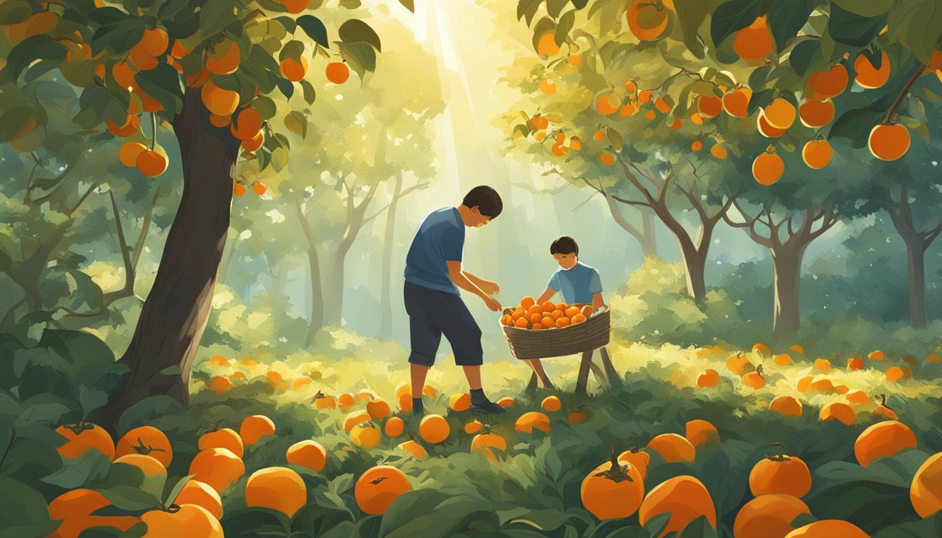 A person gathering ripe american persimmons from a tree in a lush forest clearing. The sun is shining through the foliage, casting dappled light on the scene