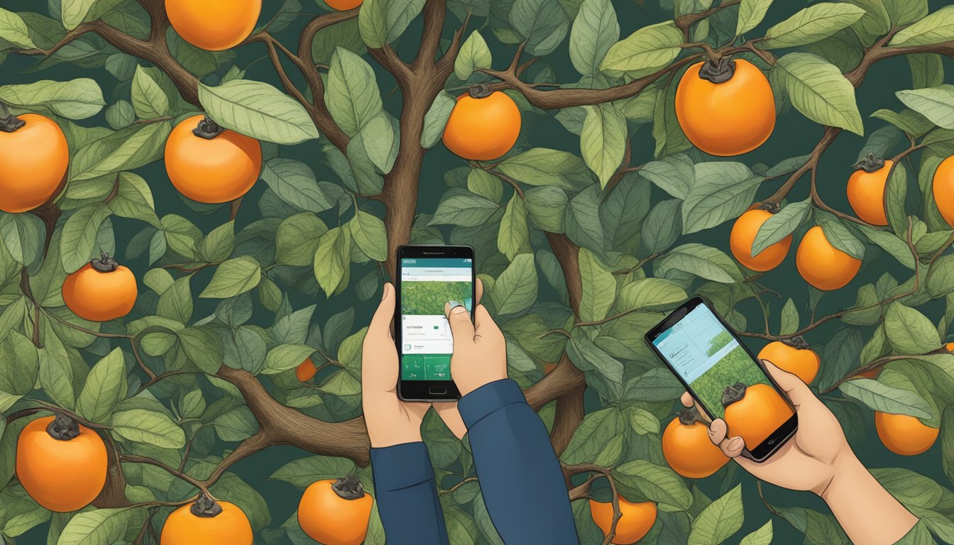 An individual using a smartphone to scan and collect data from American persimmon trees in a forest