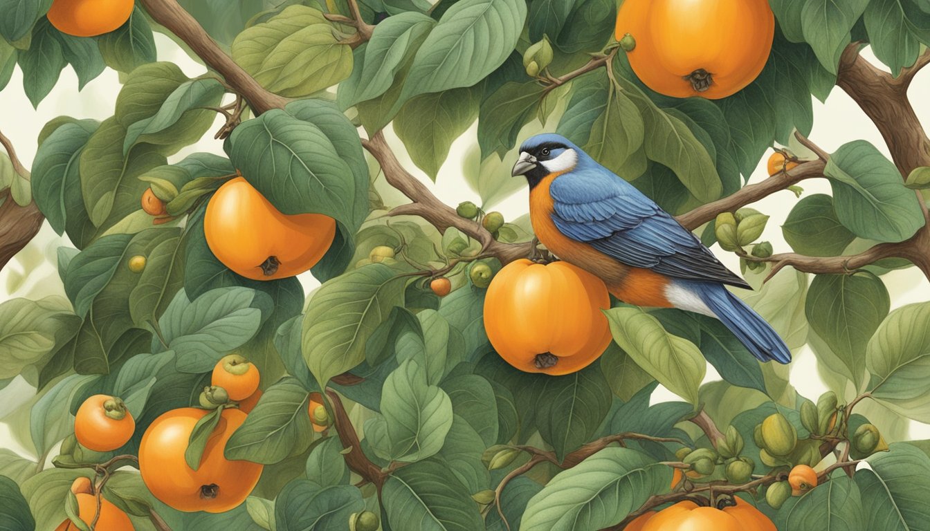 A group of animals collaboratively forage and harvest ripe American persimmons from the trees in a lush forest setting