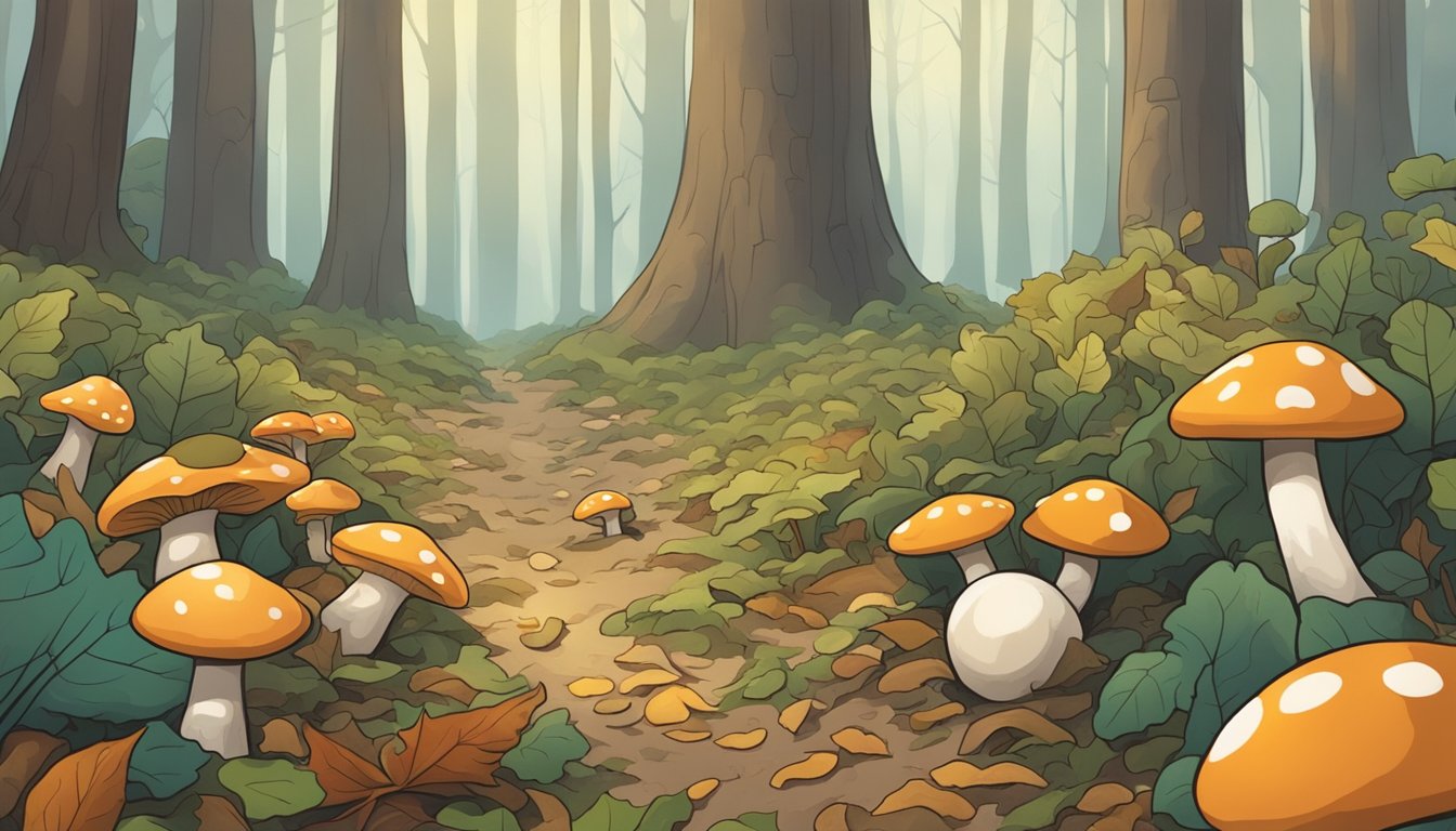 A woodland floor with mushrooms, fallen leaves, and a hand reaching down to pick a puffball