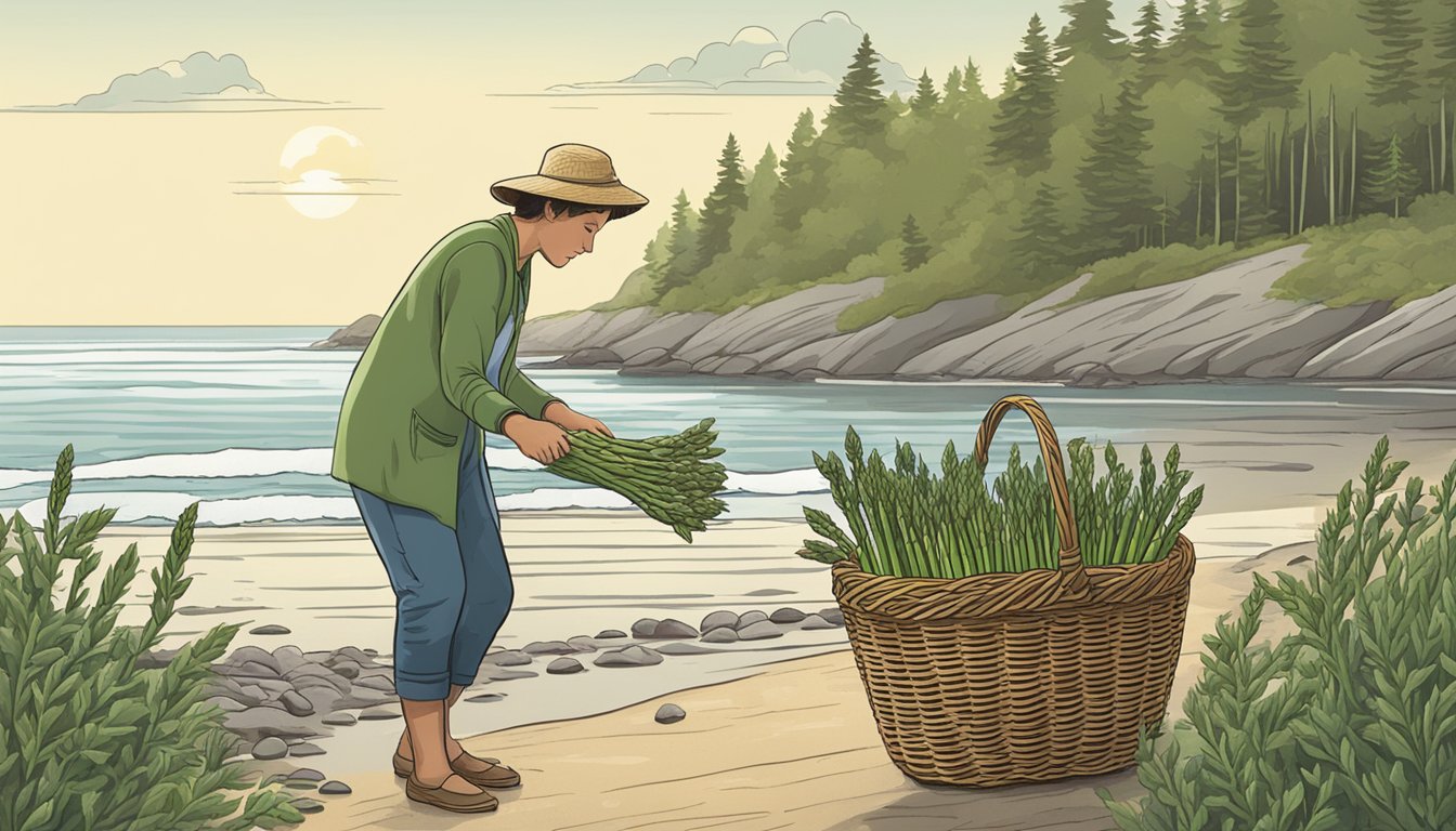 A person foraging beach asparagus, gathering it in a basket by the shore