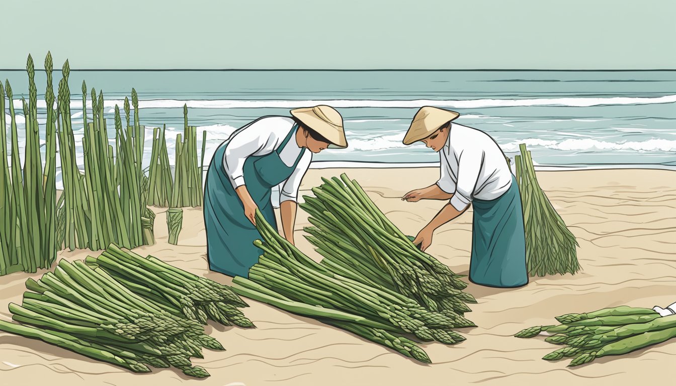 Beach asparagus being gathered and prepared for culinary use, with preservation techniques shown