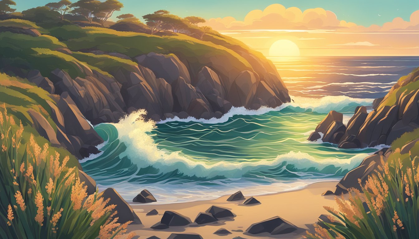 The sun sets over a rugged coastline, where beach asparagus grows abundantly among the rocks and sand. Waves crash in the background as the plants sway in the gentle breeze