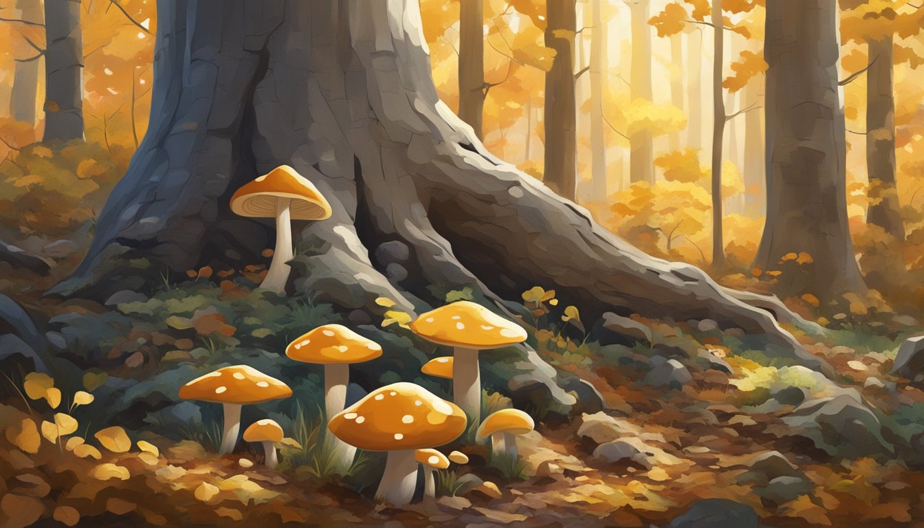 A cluster of mushrooms grows at the base of an aspen tree, surrounded by fallen leaves and dappled sunlight