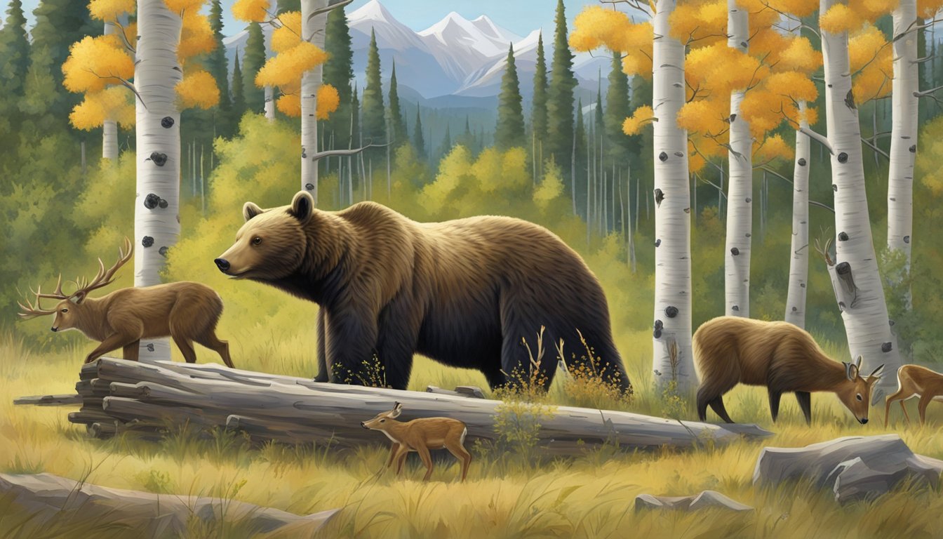 A bear forages for berries near a stand of aspen trees, while a family of deer grazes on the tender shoots and leaves