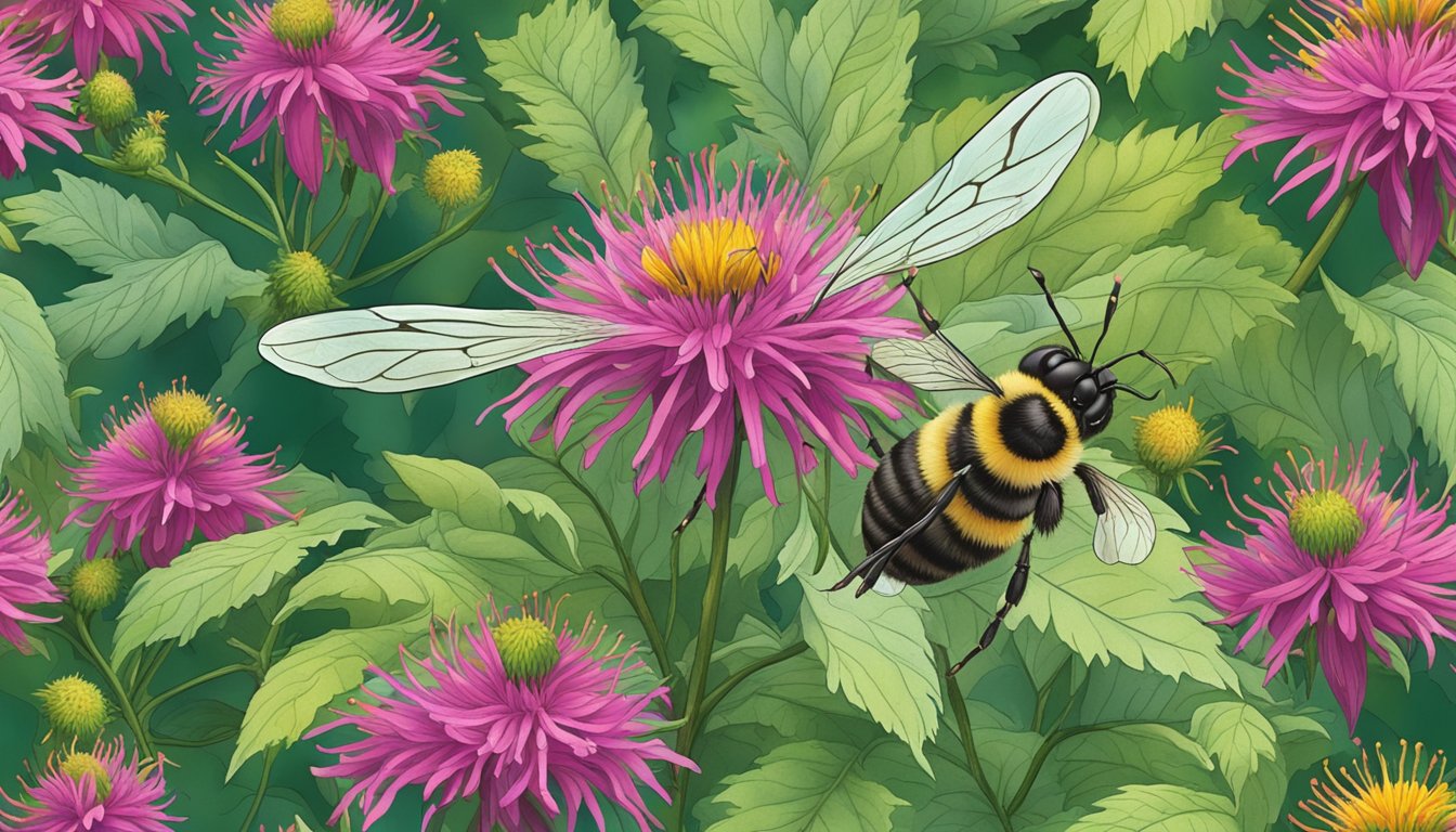 A bee hovering over a vibrant patch of bee balm, collecting nectar and pollen while surrounded by lush green foliage