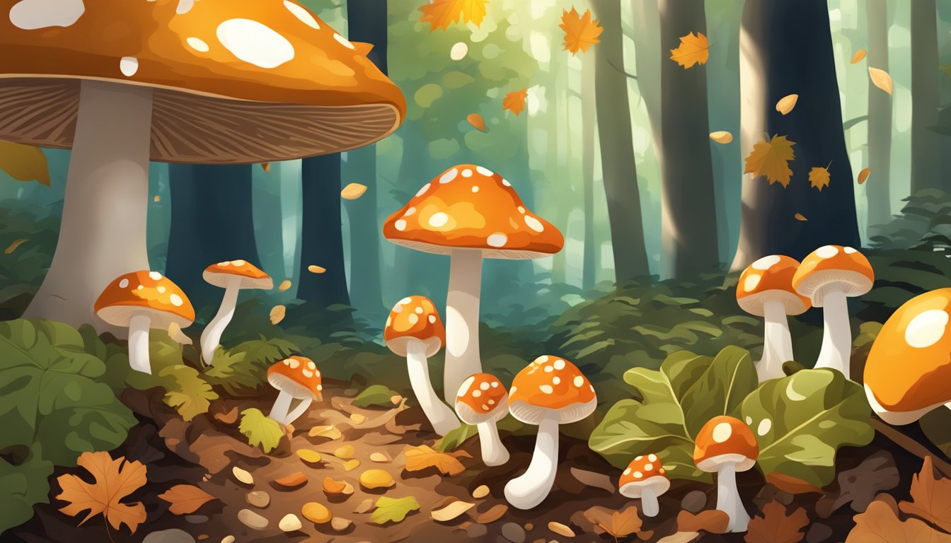 A forest floor with scattered candy cap mushrooms, surrounded by fallen leaves and dappled sunlight