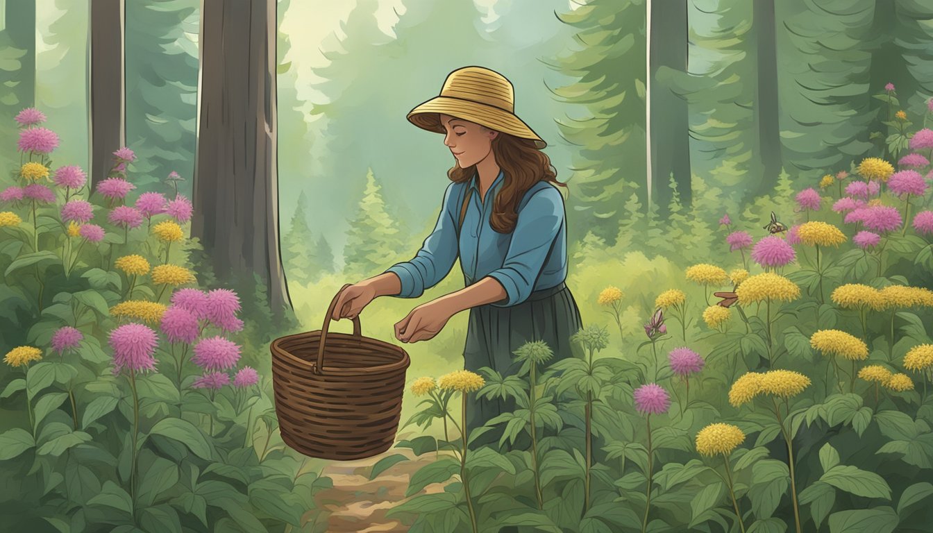 A person gathering bee balm flowers and leaves in a forest clearing, with a basket of harvested plants nearby