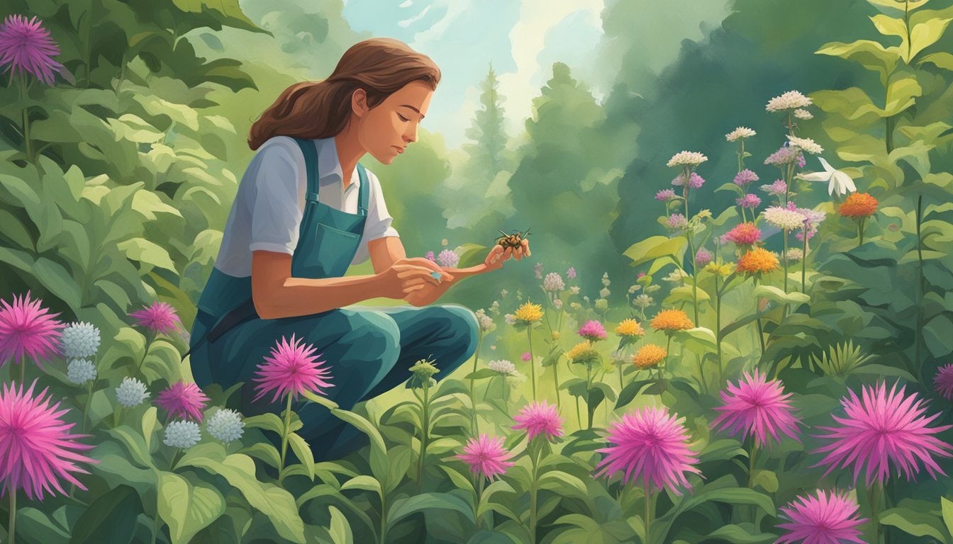 A person foraging bee balm in a lush, wild garden, surrounded by various plants and flowers