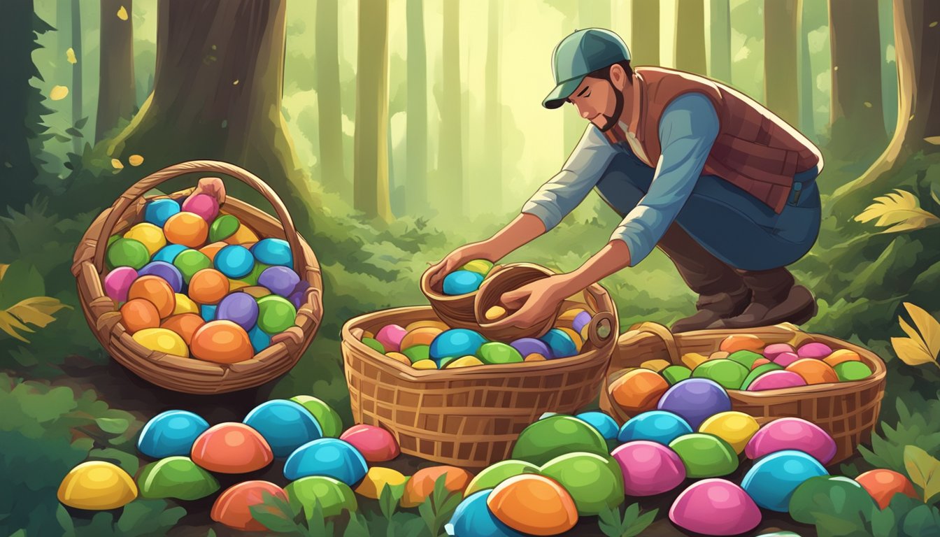 A person picking candy caps in the forest and storing them in a basket