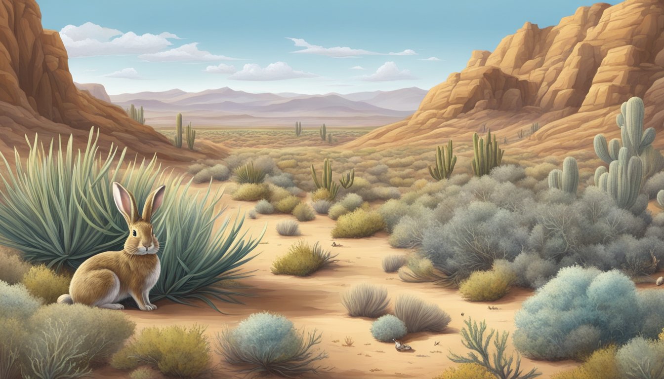 A desert landscape with a rabbit foraging on big sagebrush, surrounded by other small animals and insects