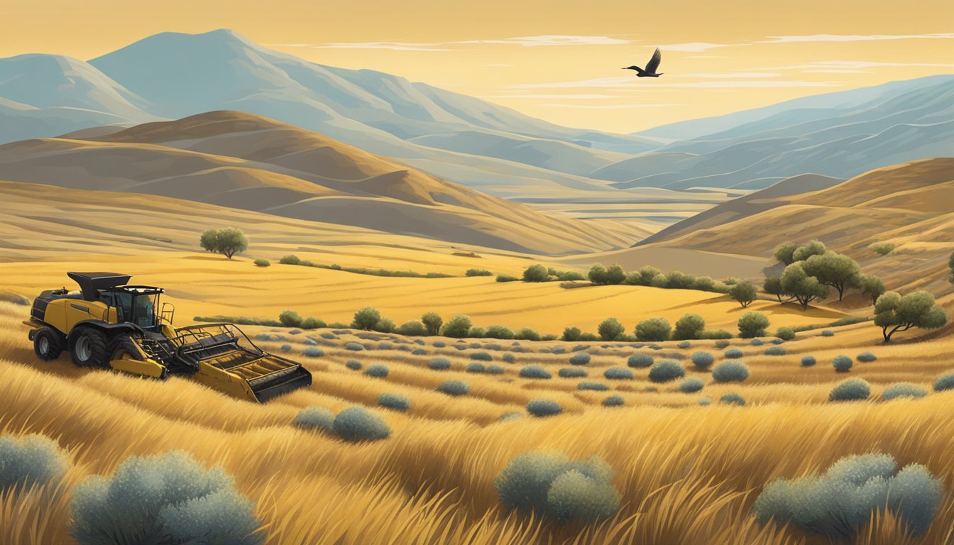 A golden-hued landscape with rolling hills and big sagebrush plants being harvested by animals or birds