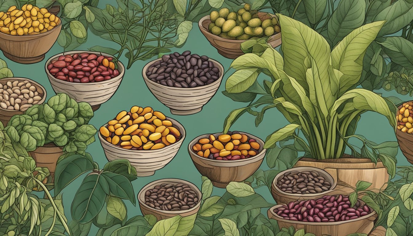 Plants being foraged in various regions, with beans being harvested