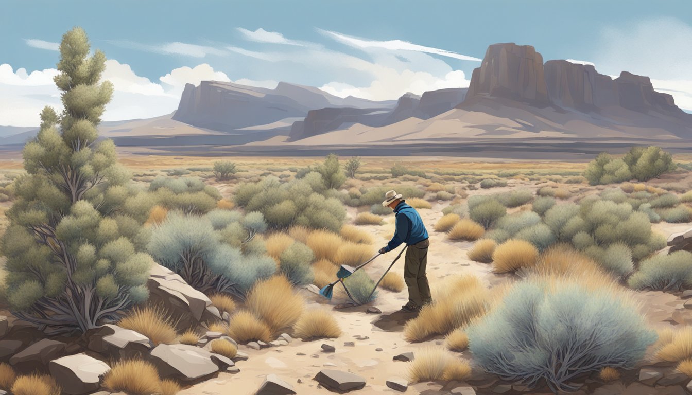 A person gathering big sagebrush using a hand-held tool in a dry, open landscape with scattered shrubs and rocky terrain