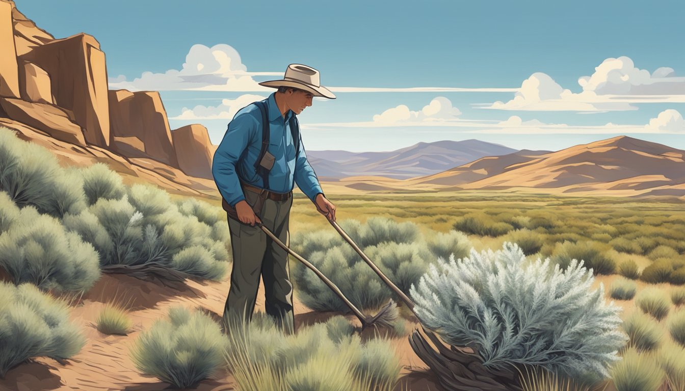 A person carefully gathers big sagebrush with respect for the environment and legal regulations