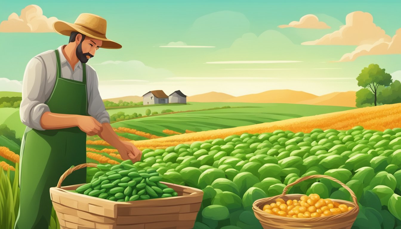 A farmer gathers ripe beans from the lush, green fields, while baskets of assorted agricultural products are displayed for marketing