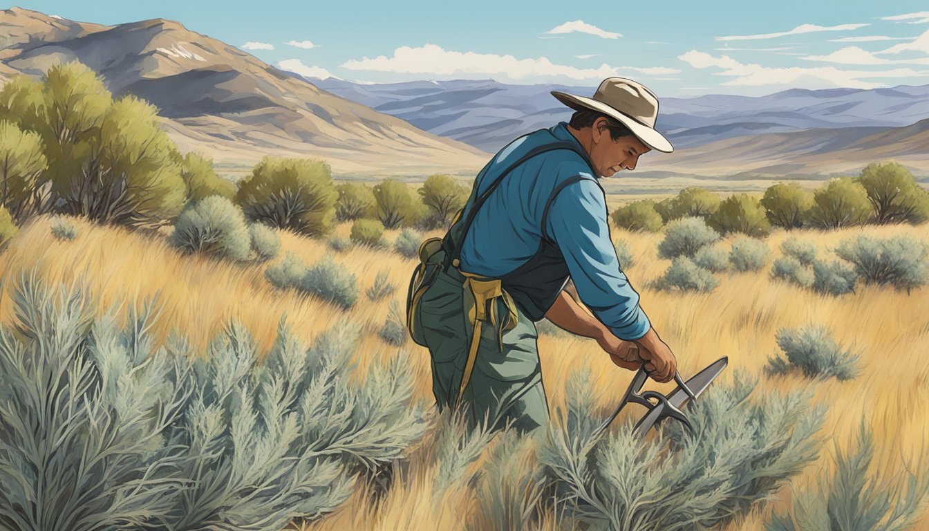 A person using a tool to harvest big sagebrush in a natural landscape for wildlife management