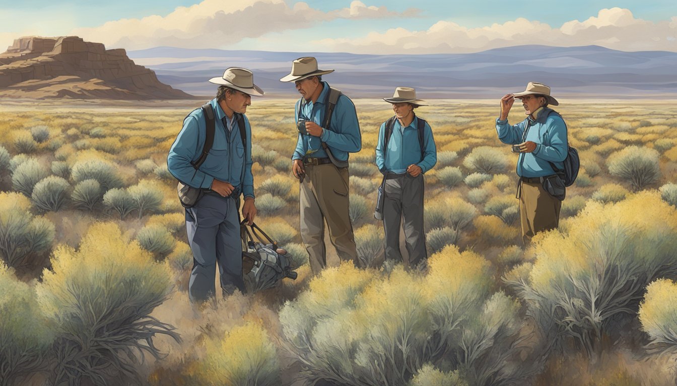 A group of researchers observe and collect big sagebrush in a natural setting