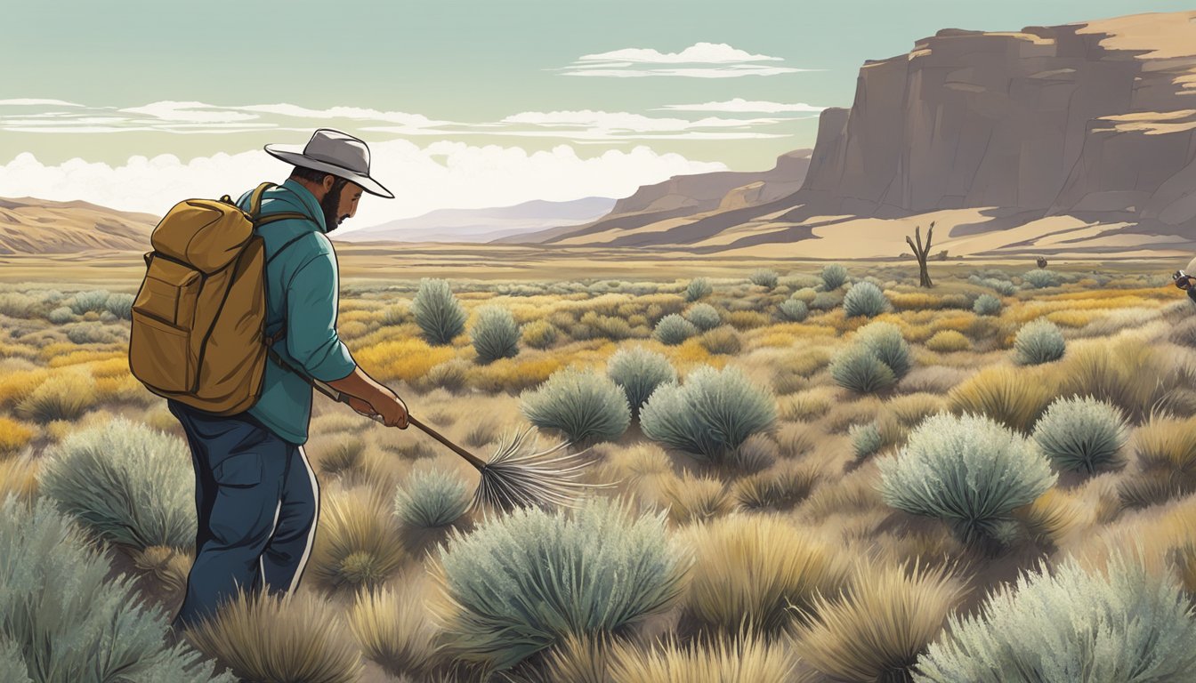 A person carefully harvesting big sagebrush in a natural, open landscape, surrounded by other native plants and wildlife