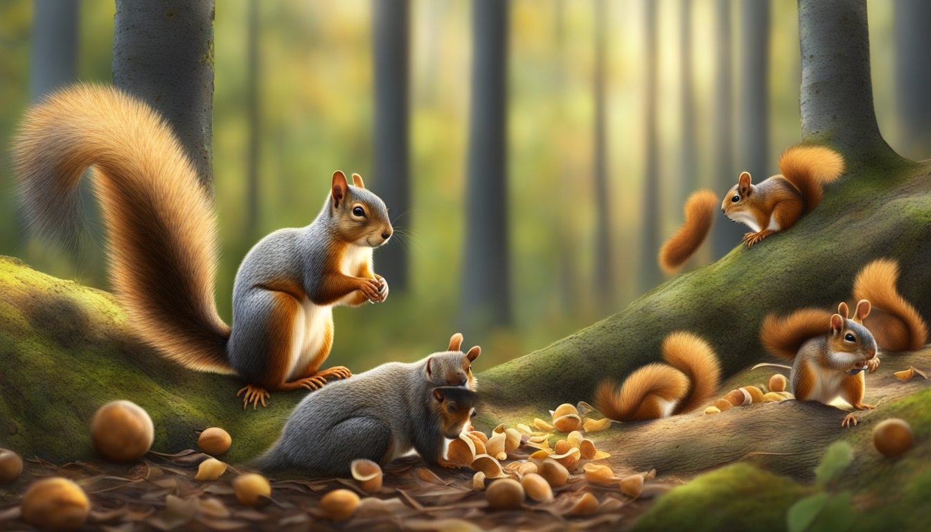 Squirrels gathering beech nuts from forest floor