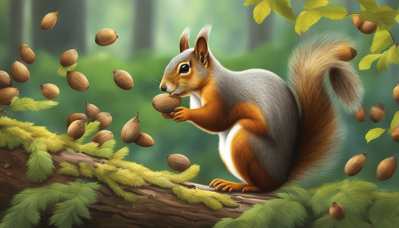 A squirrel gathering beech nuts in a lush forest clearing