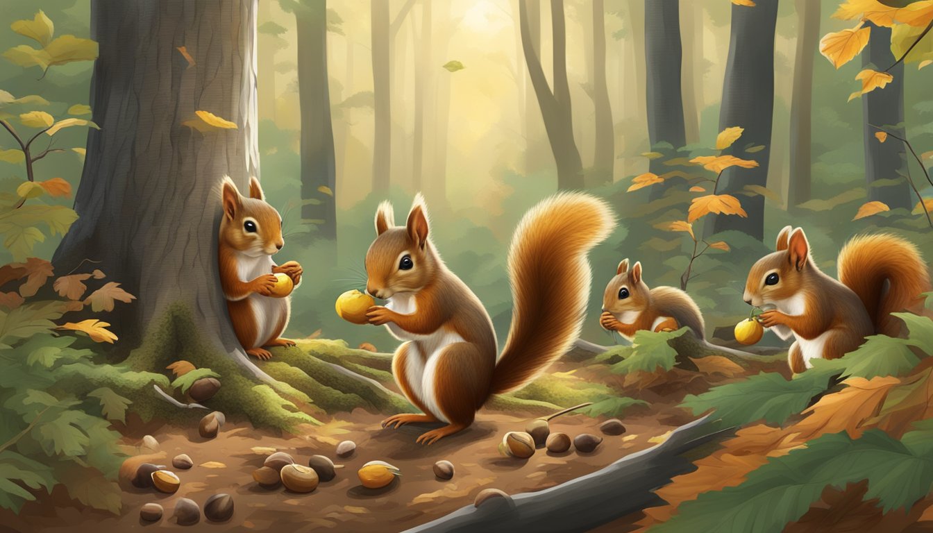 Squirrels foraging and harvesting beech nuts in a forest clearing