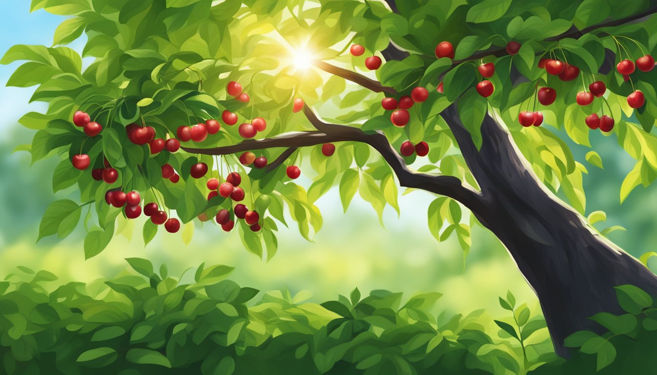 A cherry tree with ripe black cherries hanging from the branches, surrounded by lush green foliage and dappled sunlight filtering through the leaves