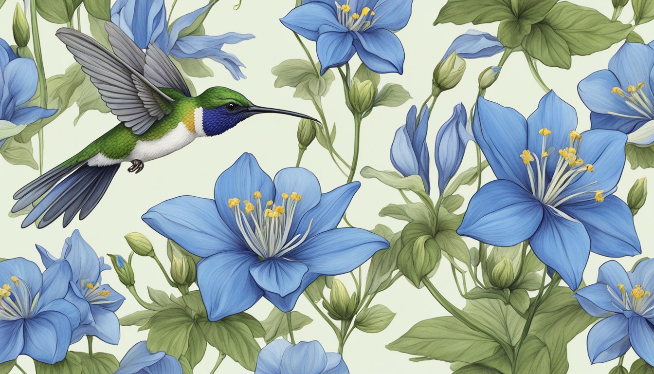 A hummingbird hovers near a cluster of blue columbine flowers, delicately sipping nectar from the slender petals