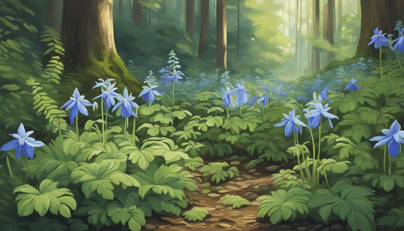 A lush forest floor with dappled sunlight, showcasing blue columbine flowers growing amidst ferns and moss