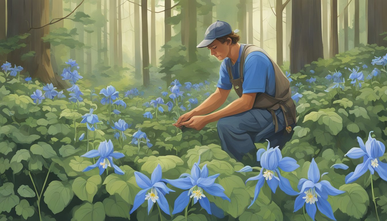 A woodland scene with a cluster of blue columbine flowers being carefully harvested by a forager