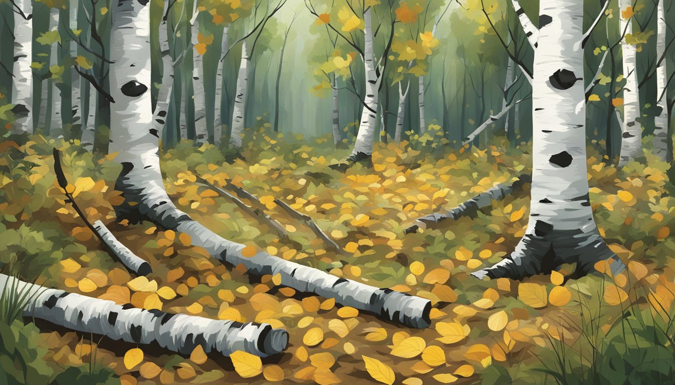 Birch leaves and twigs being gathered in a forest clearing