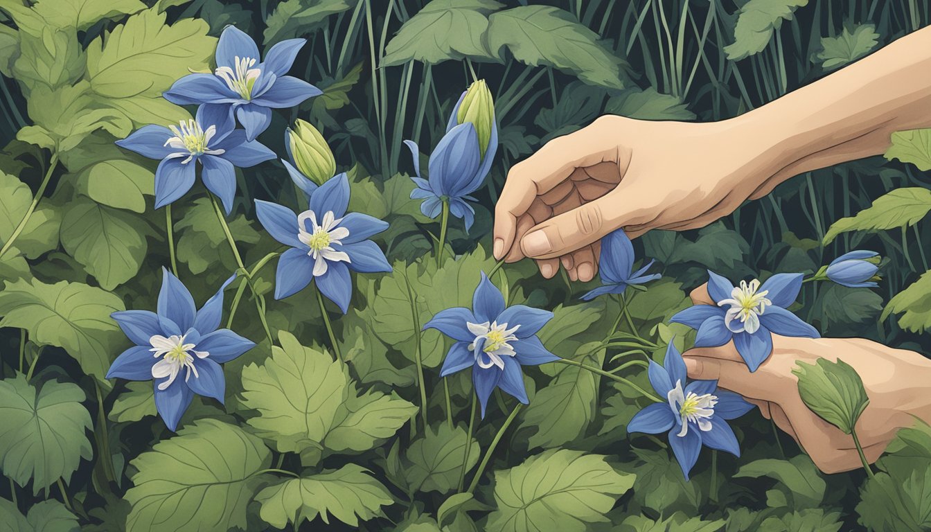 A pair of hands gently plucking blue columbine flowers from a lush forest floor