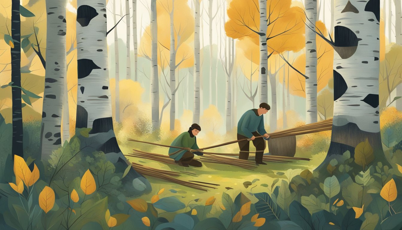 A serene forest clearing with birch trees being carefully harvested by a figure using traditional tools, surrounded by symbols of cultural significance