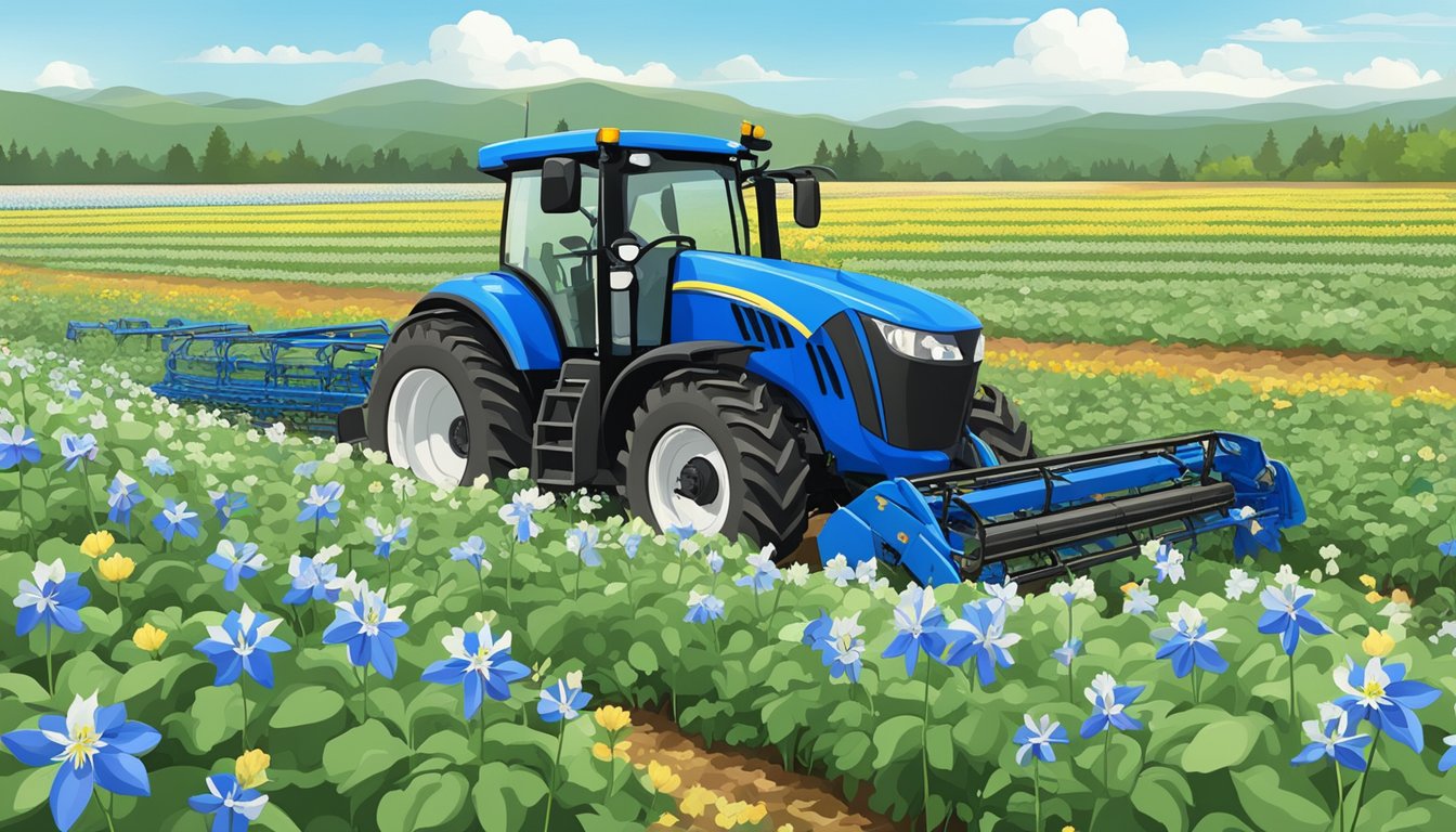 A field of blue columbine flowers being harvested by modern agricultural machinery